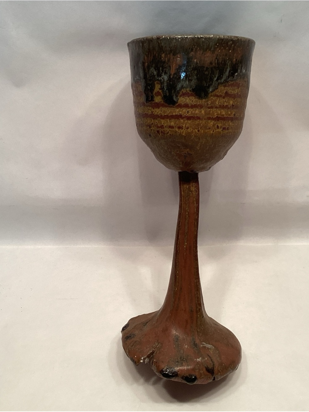 Unique Studio Pottery Goblet Signed Tall Rustic Signed OOAK Wine Cup Funky